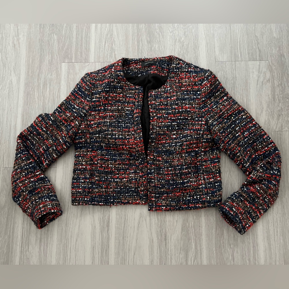 Ann Taylor Cropped Tweed Bouclé Blazer Jacket Size 8 Red Blue Metallic Open